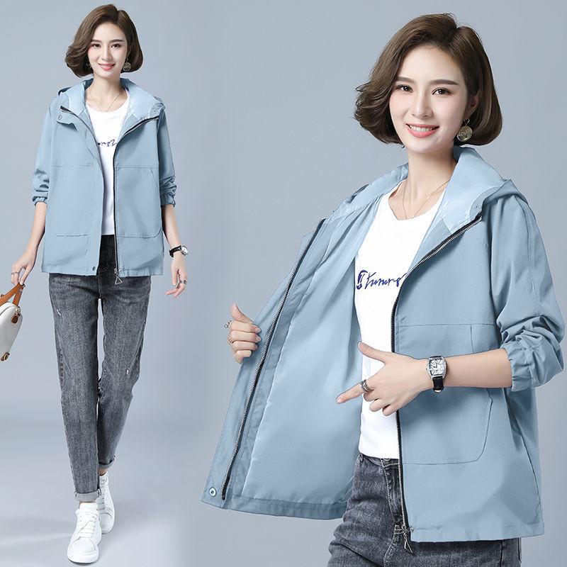 

5XL Women's Autumn Jacket And Lining spring Korean Loose Hooded Jacket Middle-aged Mother Casual Windbreaker Plus Size Coat, Blue
