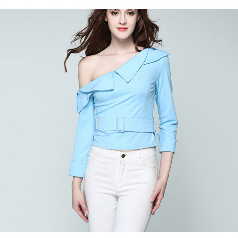 

2020 Sexy new female autumn off the shoulder solid thin sleeve long diagonal casual turtleneck luxury shirt with belt, Sky blue