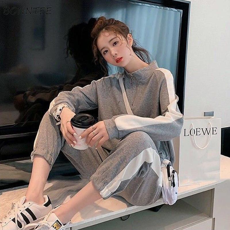 

Sets Women Chic Korean Workout Basic Fall Loose Ladies outfits Fashion Simple Soft All-match Tops Basic Teens High Waist Trouser, Gray