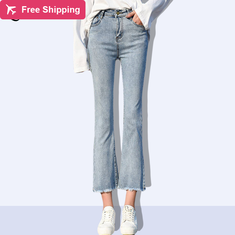 

Mother white light blue plus size long-legged pants New Korean spring casual flare loose waist high female jeans denim, Blake