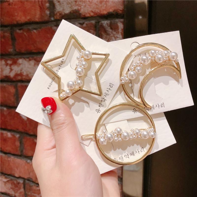 

New Geometric Metal Round Hollow Star Moon Hairpin Charm Women Girls Pearl Hair Clip Korean Sweet Barrette Hair Jewelry HC029