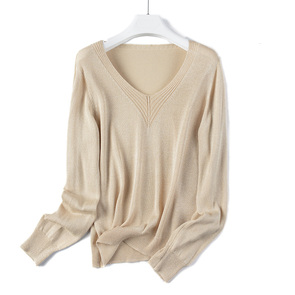 

2021 New Summer Shiny Women v Neck Sweater Long Sleeve Pullover Tops Spring Autumn Knit Soft Female Jumper Jersey Mujer Wvvc, Gray