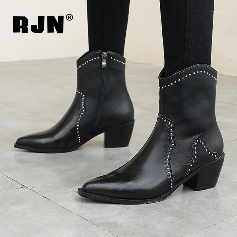 

RJN New Stylish Ankle Boots High Quality Cow Leather Sexy Pointed Toe Square Mid-heel Women Shoes Comfortable Boots Black RO2031