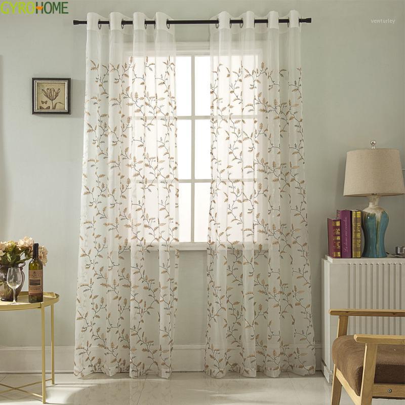 

American Pastoral Voile Curtains Fresh Embroidered Green Leaves Window Screening for Living Room Kitchen1
