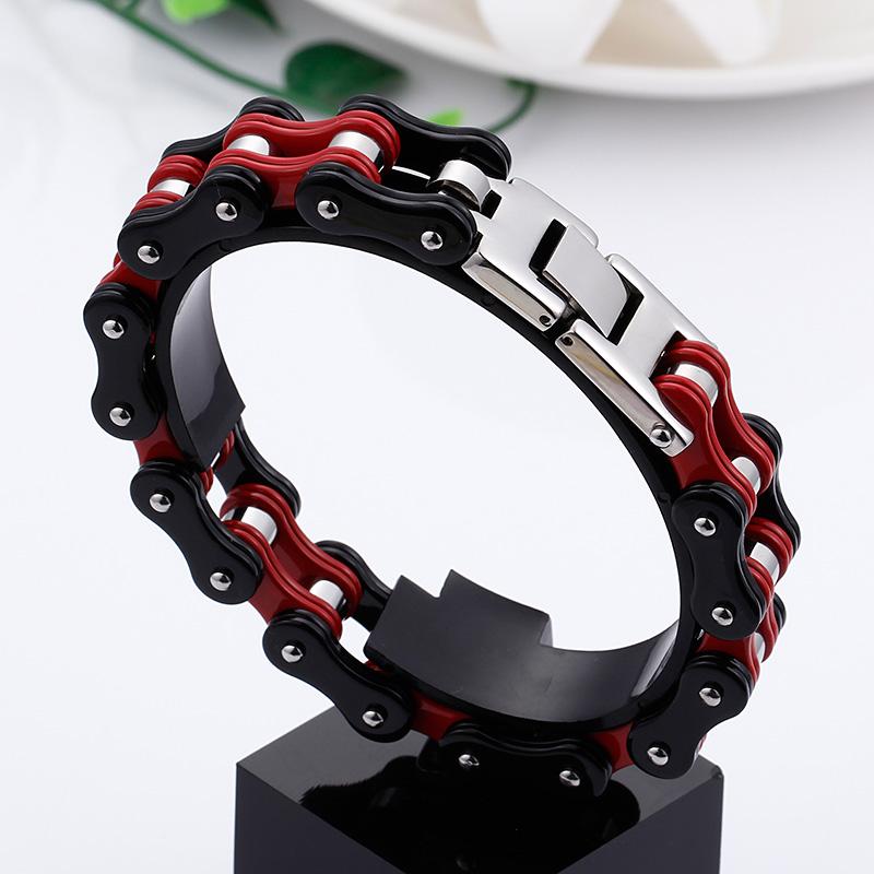 

Hot selling black with Red color Biker Motorcycle Chain Stainless Steel Women Men's Bracelet Bangle Hiphop 16mm 9 inch