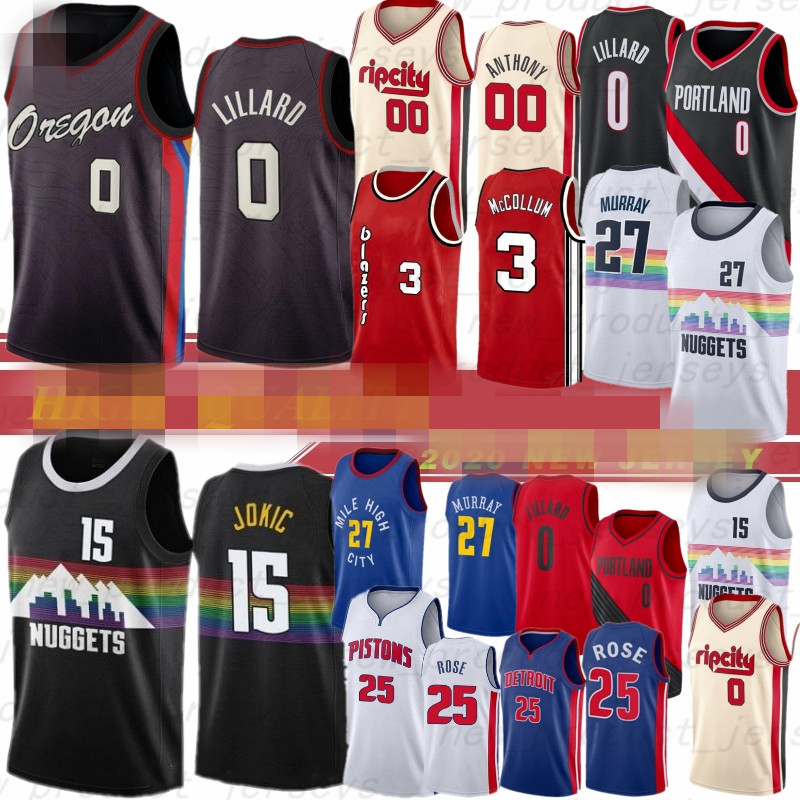 

Damian 0 Lillard CJ 3 McCollum jersey Nikola 15Jokic free Derrick 25 Rose 27 Murray 00 Anthony 2020 NCAA NEW basketball, Black;red