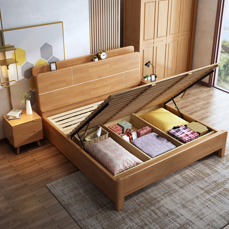 

Bedroom Furniture Bed Nordic modern minimalist Japanese 18m double bed air pressure storage with bookshelf homestay apartment hig4858051