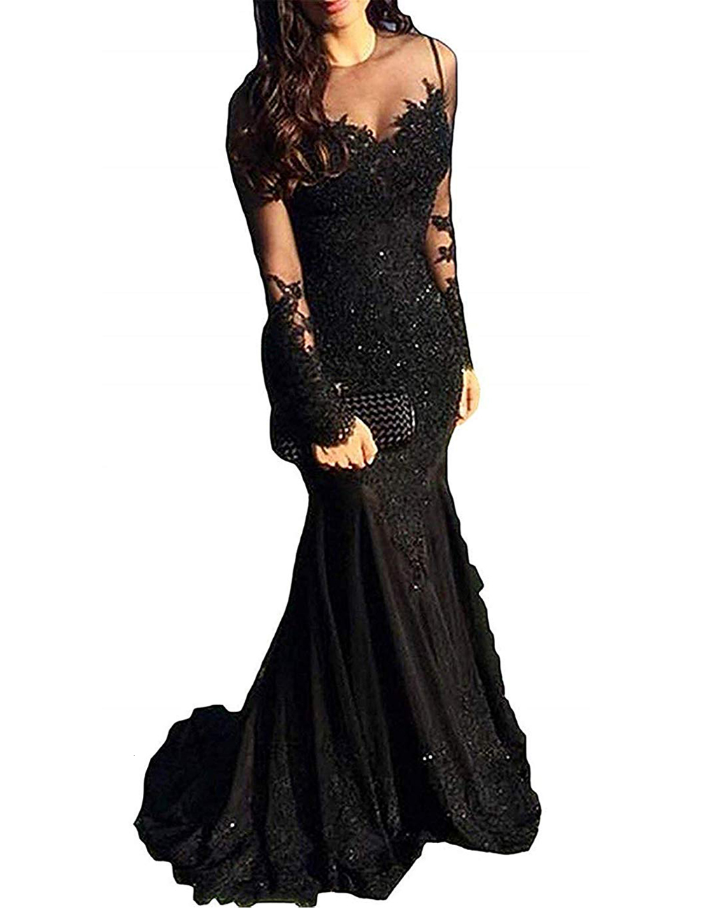 

2021 New Delusions Mermaid Lace Ball Tulle Sleeve Party Sexy Black Prom Dress VZ3P