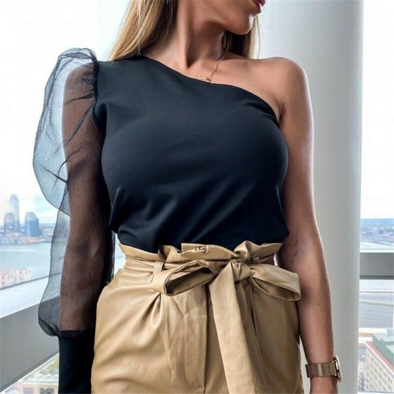 

2020 Women Summer bodysuit Top mesh sexy black one shoulder see through night club party streetwear festival body one piece