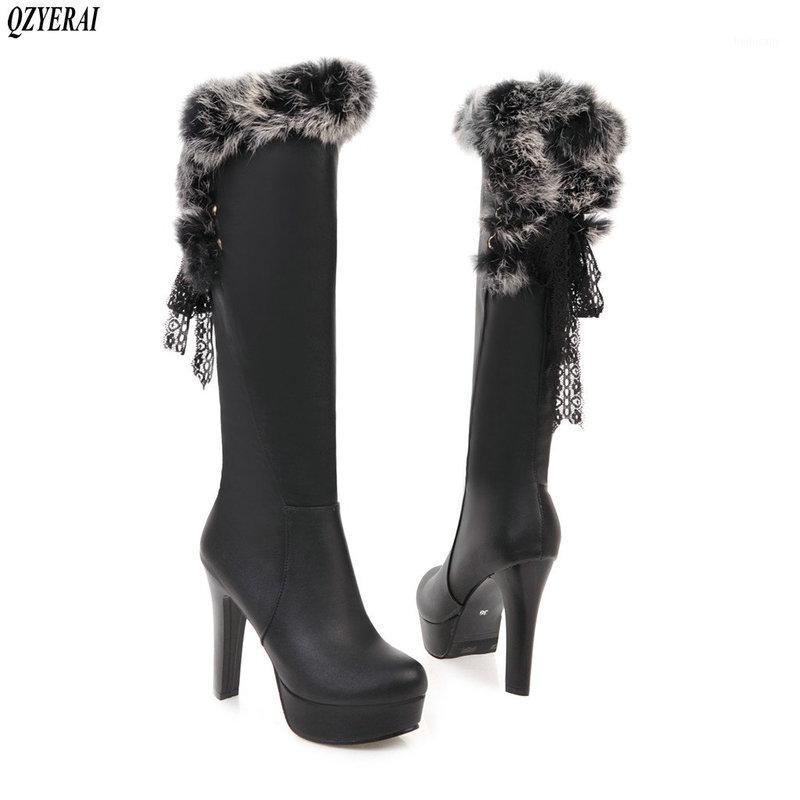 

New winter 2020 high heel boots snow boots hair to knee knee round toe warm stylish size 34-431, Black