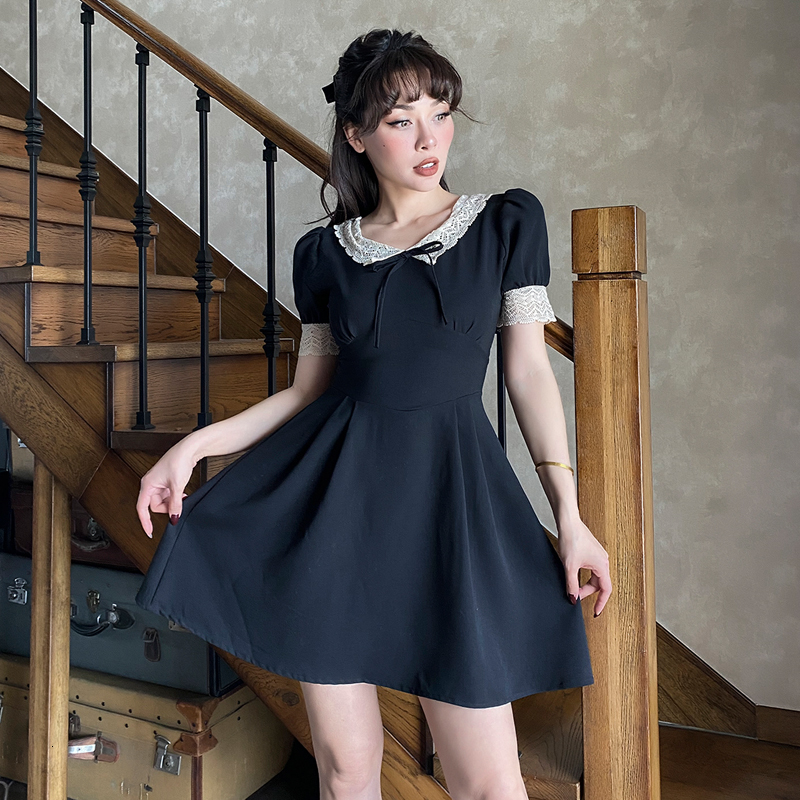 

2021 New Vintage Small Black Thin Lace Peter Pan Collar Vest Mini Waist Dress SD8Q
