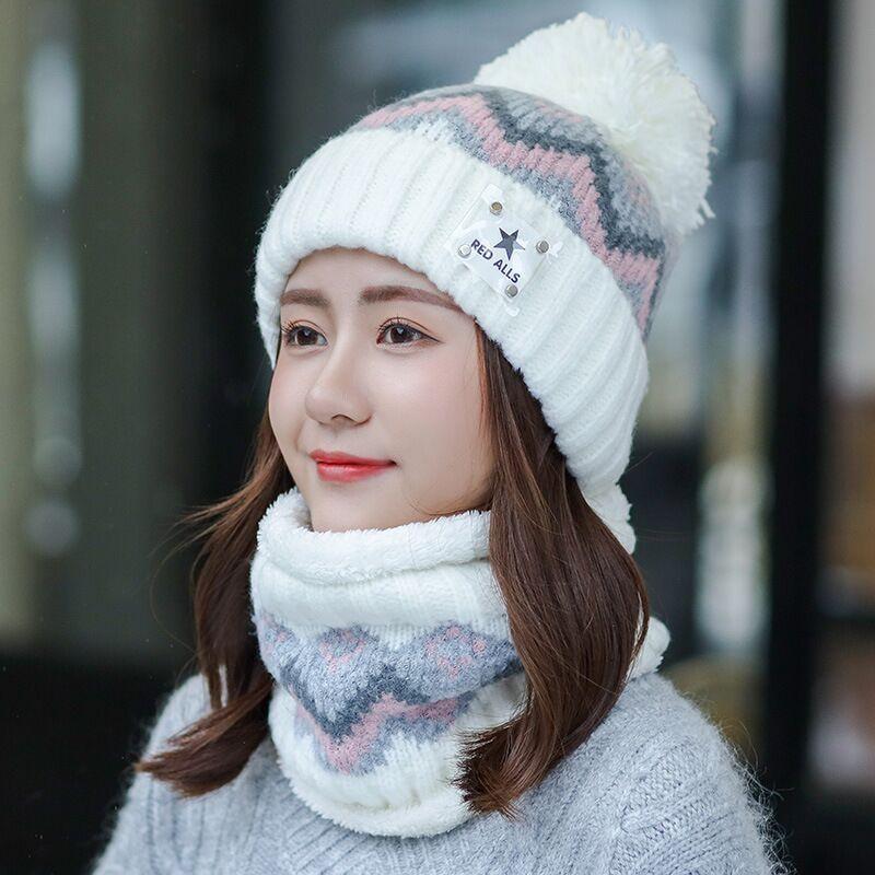 

Beanie/Skull Caps Knitted Winter Hat Scarf Set Women Thick Cotton Beanies And Ring Female Accessories Girls Gift, Hat and bib f