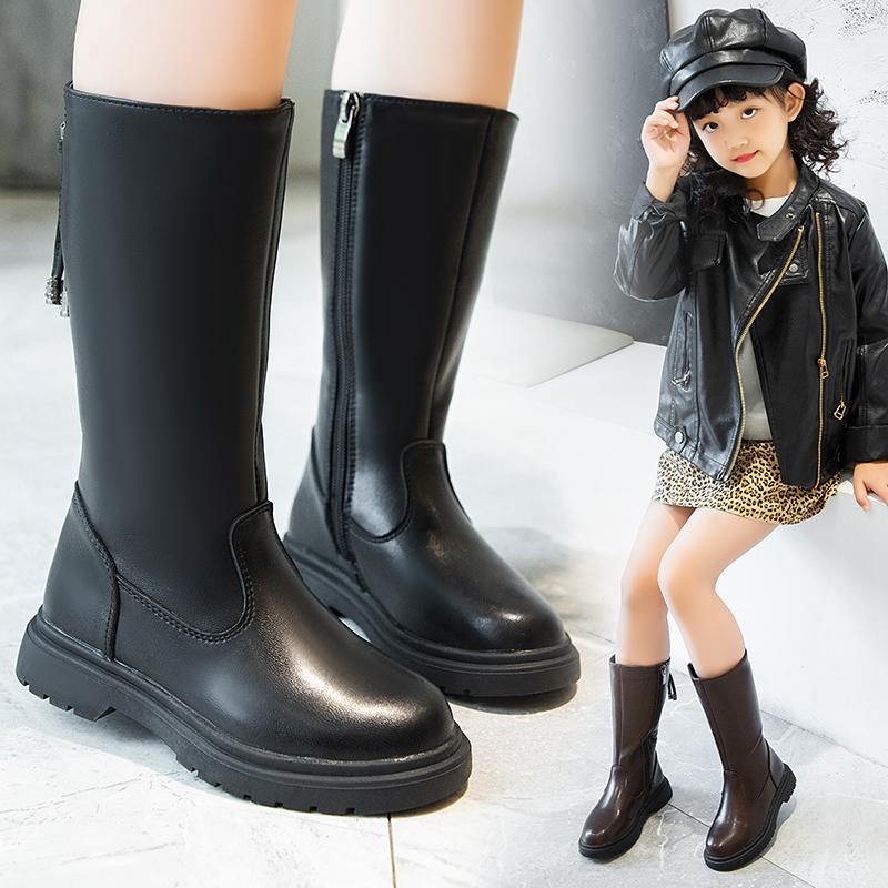 

Girls leather boots 2020 autumn/winter new middle child little girl princess plus velvet high-barrel boots, Black