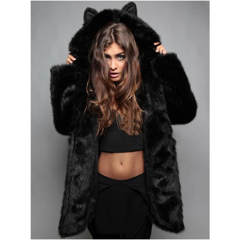 

Faux Fur Coat Women Winter Hooded Cat Ears Thick Fluffy Long Sleeve Warm Outerwear Luxury Fur Jacket Bontjas Elegant Mujer