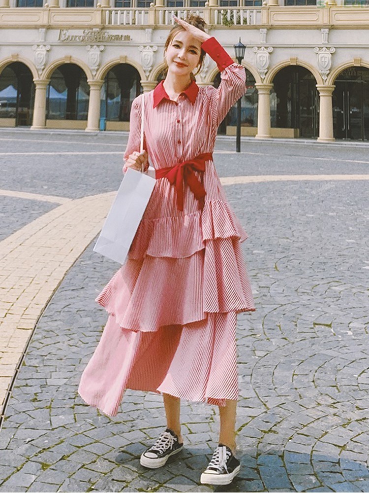 

2021 New Female Dress New Fashion Design Korean Seam Mature Spring Fall High Waist Stripes Long Sleeve Cake 6yy 0zyo, Red