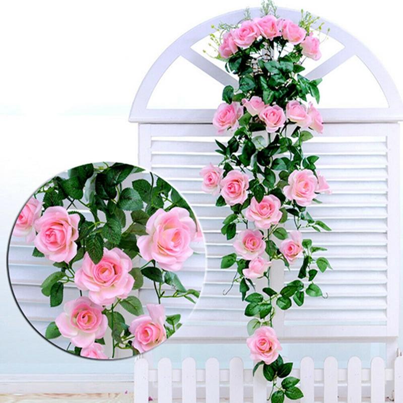 

Fake Leaf Diy Hanging Garland Artificial Flowers Artificial Roses With Green Leaves For Home Wedding Decoration, Pink