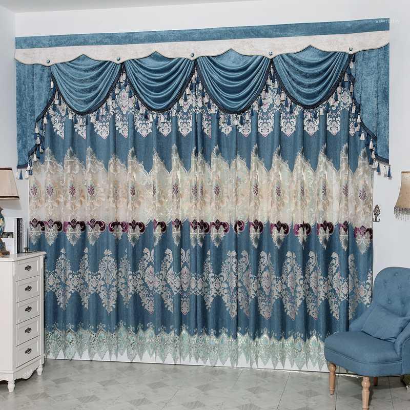 

Custom curtains luxury high class Chenille upscale European blue embroidery thicken cloth blackout curtain tulle valance N2371, Tulle sheer