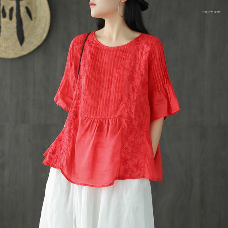 

Summer Shirts Women Retro Loose Embroidery Half Petal Sleeve Female Fashion Blouses Tide1, Blue