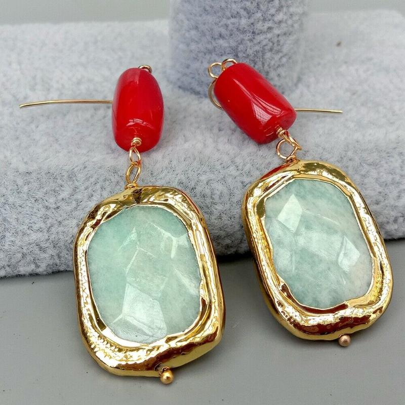 

Natural Green Peruvian Amazonite Red Coral Gold Plated Hook Dangle Earrings