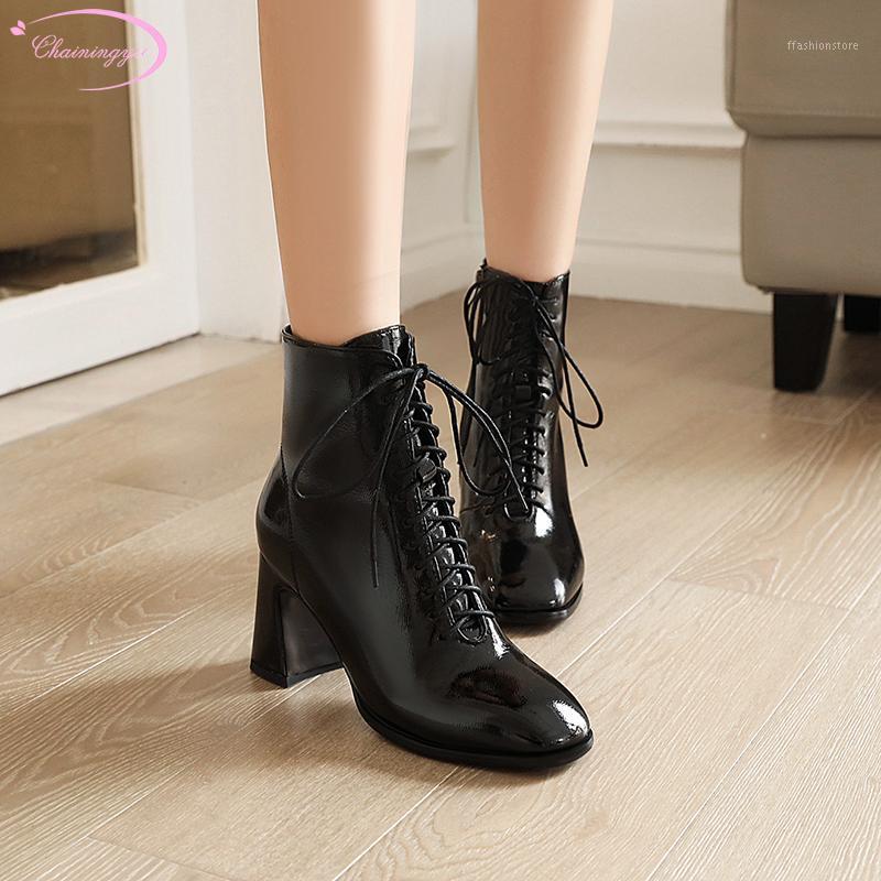 

Casual style paint round toe ankle boots fashion lace-up zipper red black beige high-heeled chunky riding boots women's shoes1