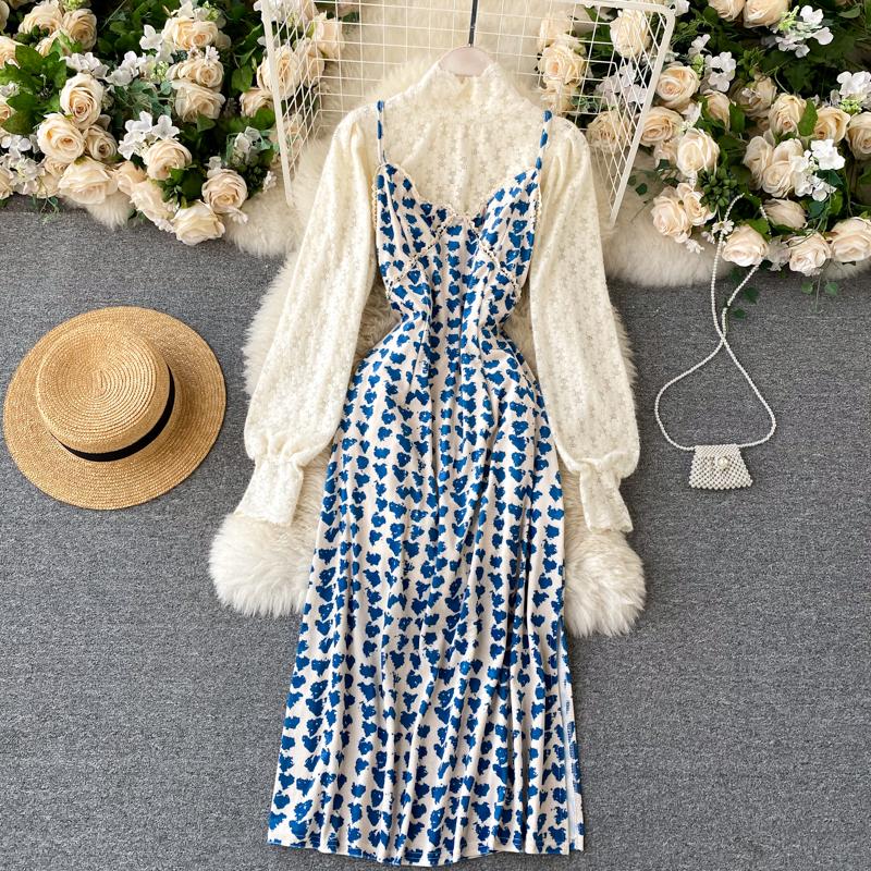 

French style womens two piece dress set new spring turtleneck white lace shirt and spaghetti strap floral print midi dress suits, Blue