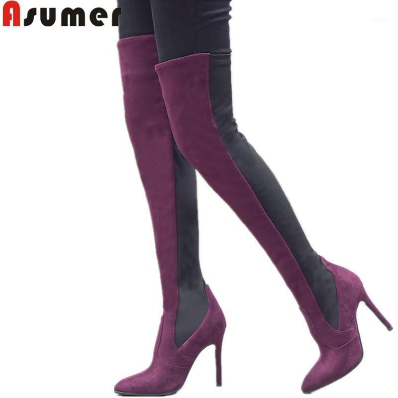 

ASUMER 2020 fashion autumn winter boots pointed toe over the knee boots super high heels flock thight height ladies shoes1, Black