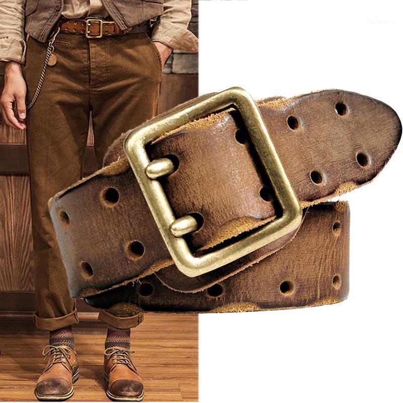 

3.8CM Double Needle Belt Buckle Hypoallergenic Belt Luxury Thick Retro Leather Men Men's Jeans1, Black