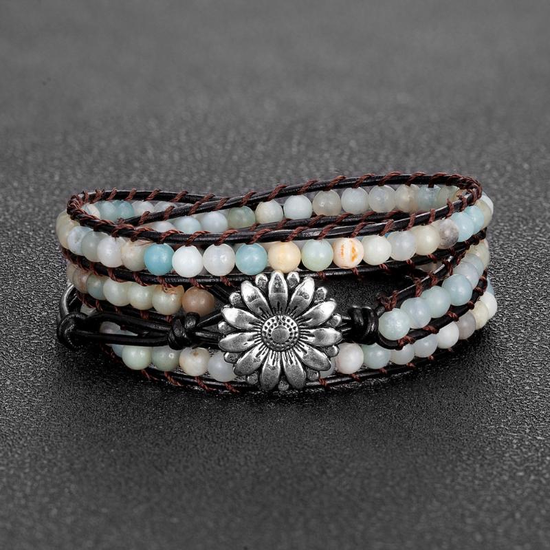 

Charm Bracelets Boho Style 4mm Natural Stone Length 57cm Leather Wrap Women Sunflower Jewelry Bracelet Pierre Naturelle Bijoux Femme