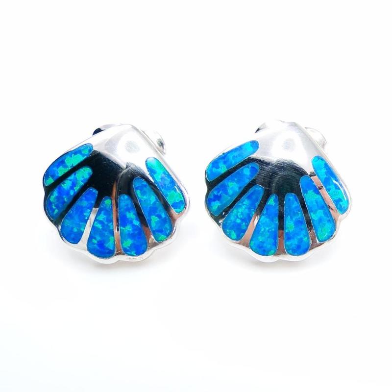 

Sea Life Animals Jewelry 925 Sterling Silver Blue Opal Sea Shell Stud Earrings For Gift