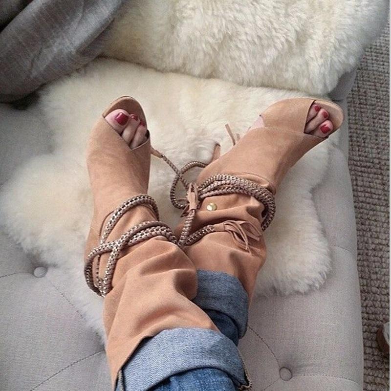 

Women Summer Shoes 2020 Sexy Open Toe High Heel Ankle Boots High Quality Flock Short Boots Chains Braided Decor Size 35-42, As picture