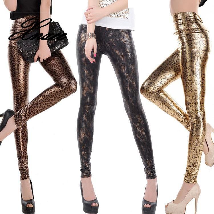 

Xnxee Lady fashion slim leggings High Waist Skinny legging women black gold snake printed pant small size faux leather pants, As picture 1
