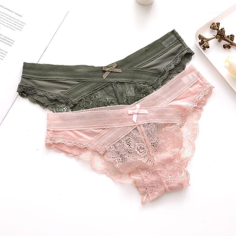 

2020 new sexy Transparent underwear women Bow panties Lace lingerie Low waist calcinha Solid Briefs moda feminina lenceria mujer1, Black