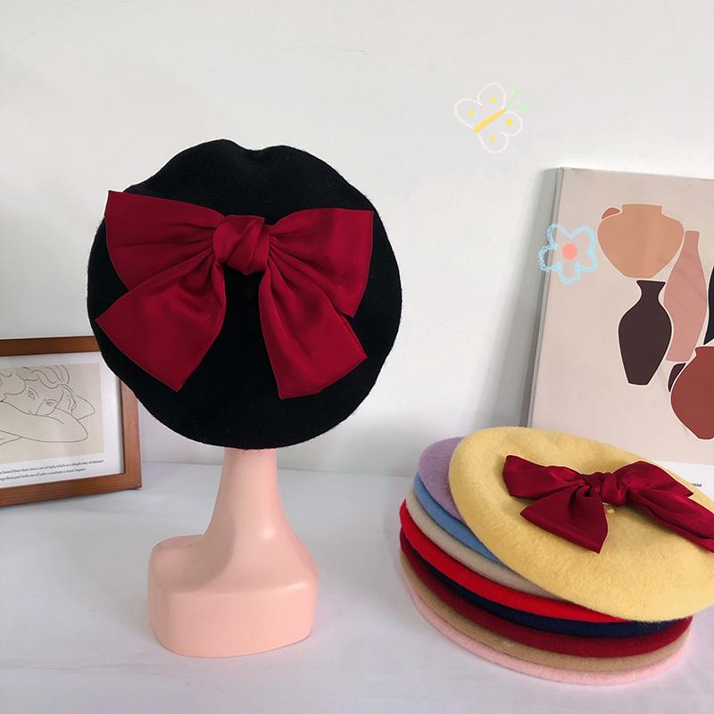

Cute bowknot wool beret sweet bud painter hat women, Black