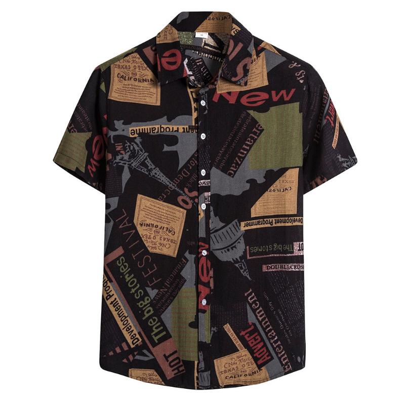 

2021 Ropa Hombre Mens vintage Shirt Short Sleeves Linen Ethnic Shirts Slim Fashion Brand Autumn Casual Hawaiian Shirt, Black