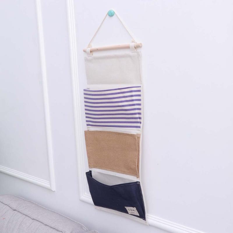 

1pc Wall Hanging Bag Stripe Pattern Hanging Pouch Storage Bag with Wooden Stick for Cabinet Wardrobe Doors, As shown