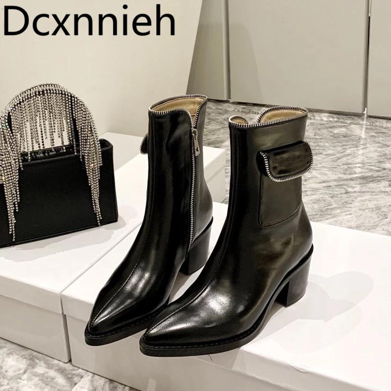 

Autumn Shoes Women Designer Fashion Genuine Leather Boots Pointed Toe Side Zipper High Squre Heel Ankle Boots Zapatos De Mujer, Black