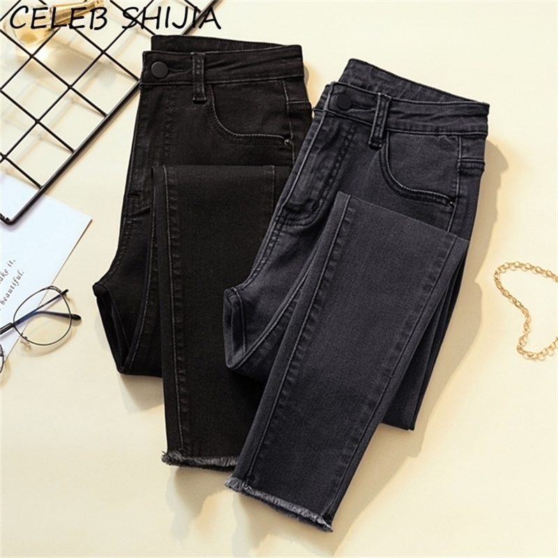 

New arrive woman skinny jeans black gray high waist elastic denim pencil pants woman mon korean fashion jeans solid 201223, Dark grey