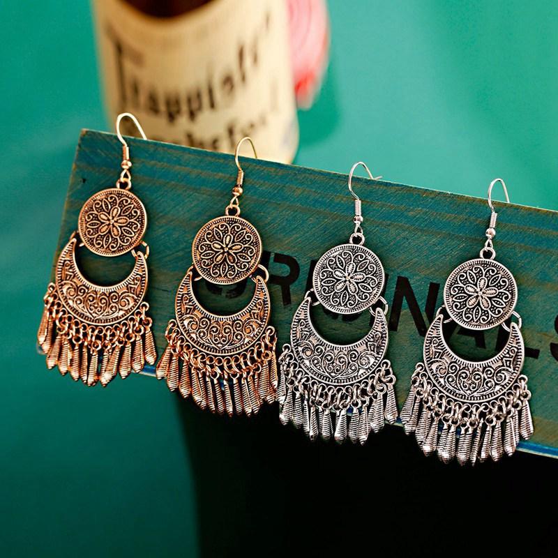 

Vintage Boho Flower Carved Alloy Tassel Earrings Jewelry Summer Ethnic Gypsy Earrings For Women Oorbellen