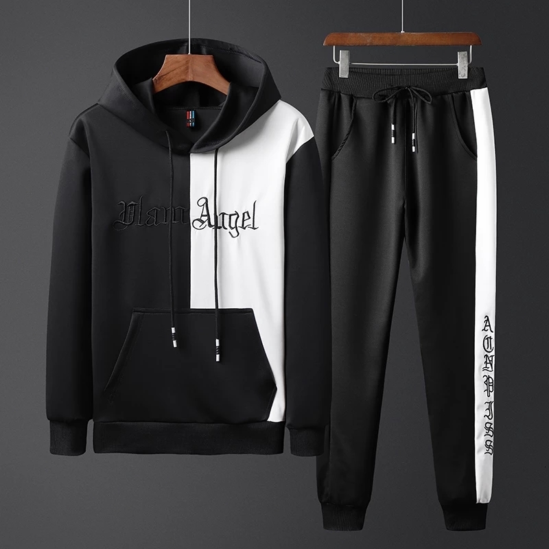 

2021 New Fashion Men's Set Clothing Hoodies+pants Sets Sweatshirt Polyester Casual Patchwork Tracksuit Men Hot Sale Brand 2 Pieces Suit 11qm, Red