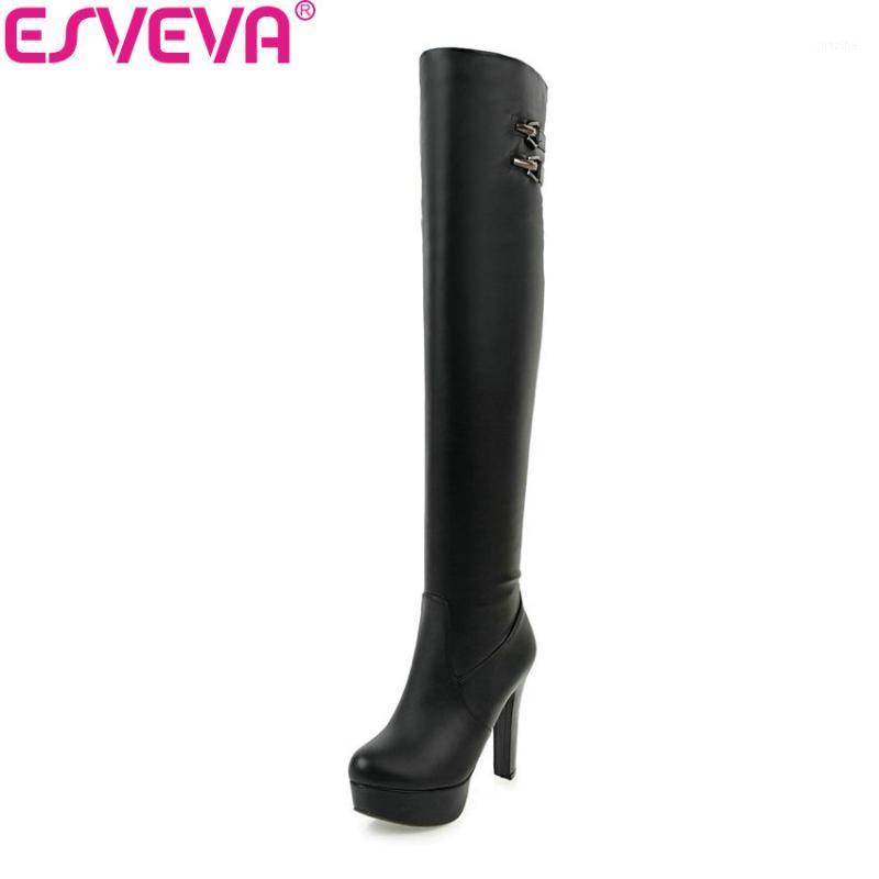 

ESVEVA 2020 Women Boots Slim Look Round Toe Square High Heel Over The Knee Boots Sexy Platform 3.5cm for Women Size 34-431, Black