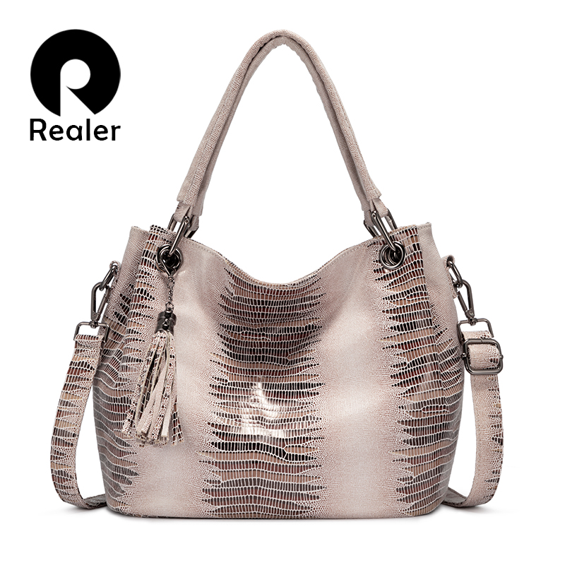 

REALER women bag female serpentine prints handbag PU leather totes, Red