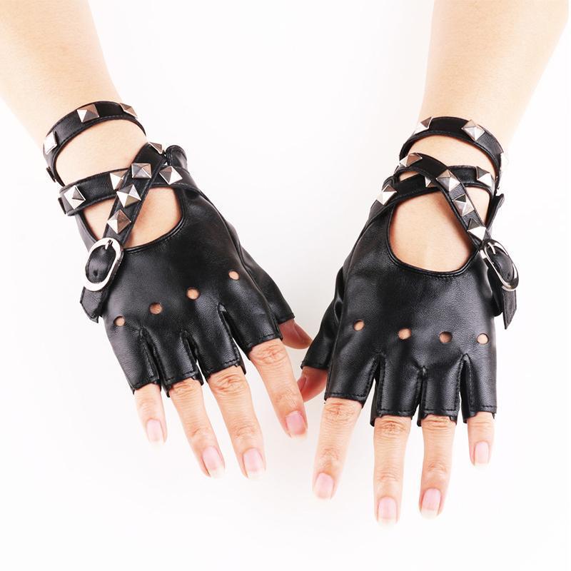 

New Women Long Chain Rivet Stage Performance Pole Dance Half Finger Leather Gloves Fashion Personality Sexy Nightclub Punk1