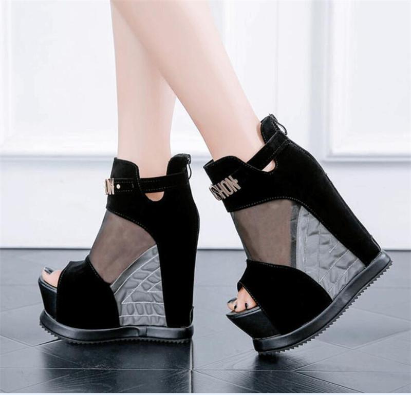 

Women Platform Wedges Flock Sandals Female High Heels Fish Mouth Hollow Out Sandals 2020 Summer Woman Thick Bottom Zip Shoes, Black