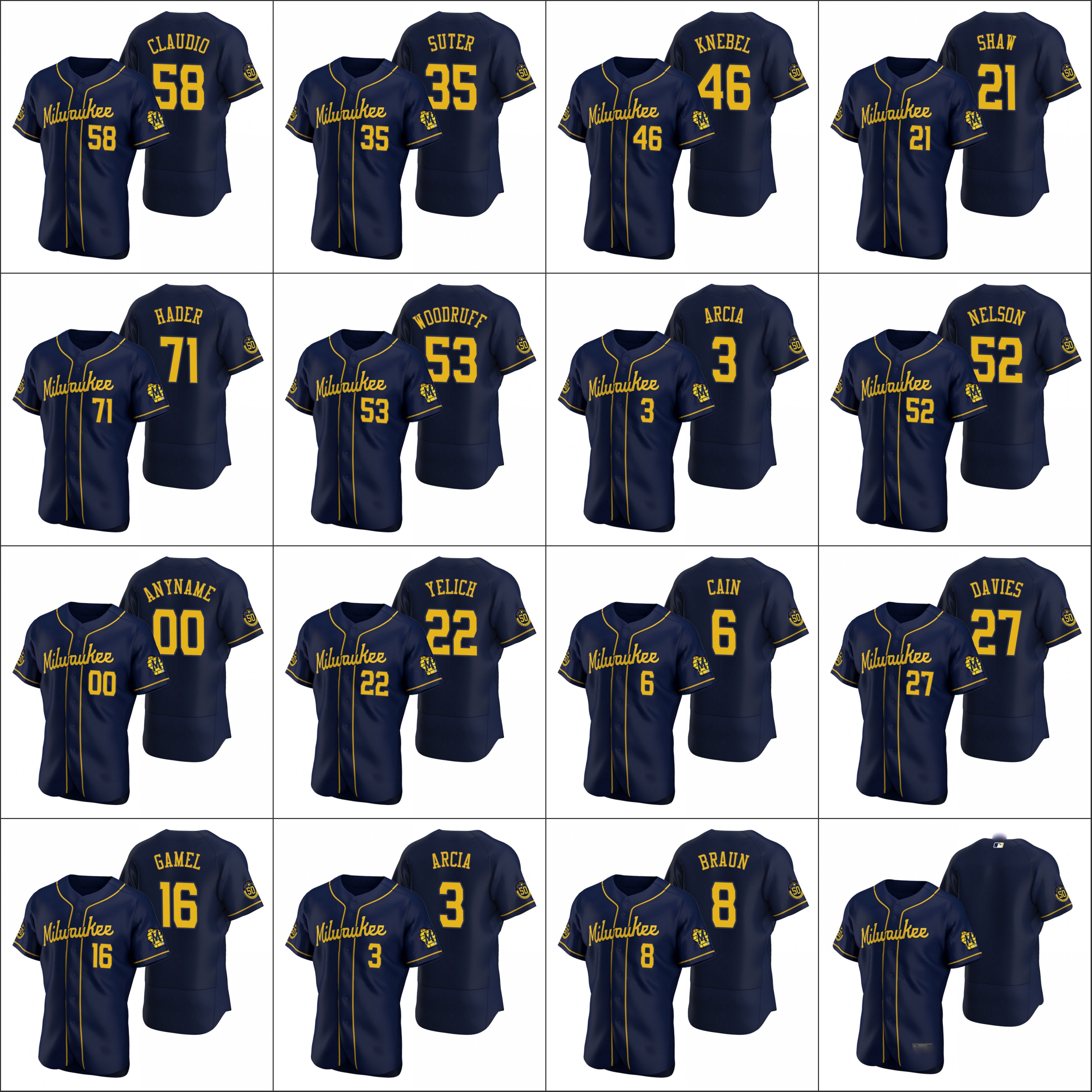 

Milwaukee Brewers #22 Christian Yelich 16 Ben Gamel 3 Orlando Arcia Men Women Youth Custom Navy Authentic 2020 Alternate Jersey, Black