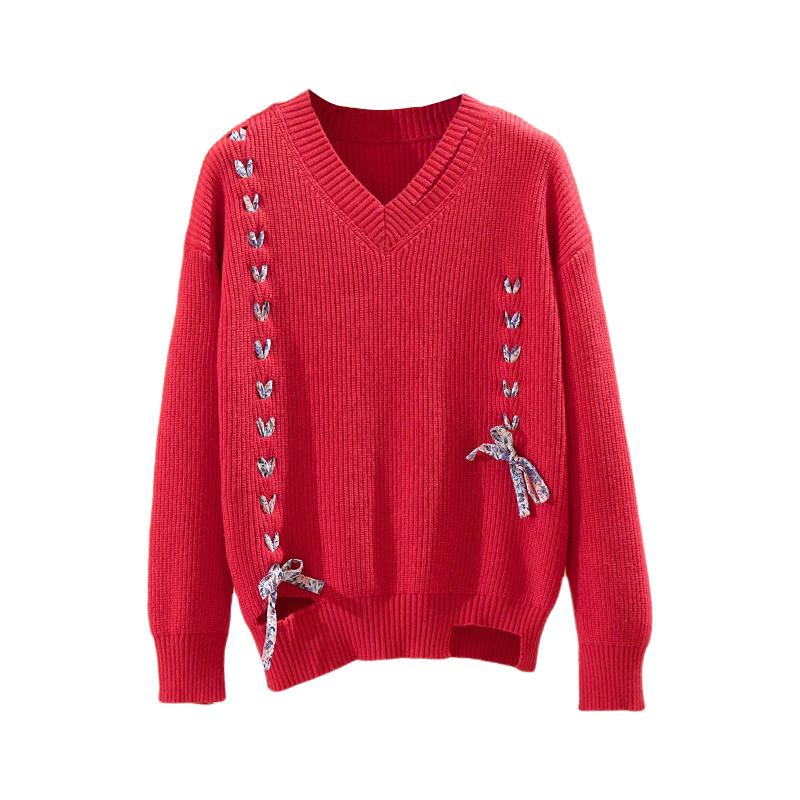 

plus size women autumn winter kint sweater fashion hollow out bow long sleeve v neck thick oversized pullover female jumper, Black