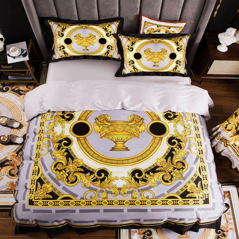 

High-end French Italy Design Yellow Pattern Print 4PCS  Queen Size Quilts White Blue Gold Bed sheet Luxury Bedding Sets T200826, Black white stripe