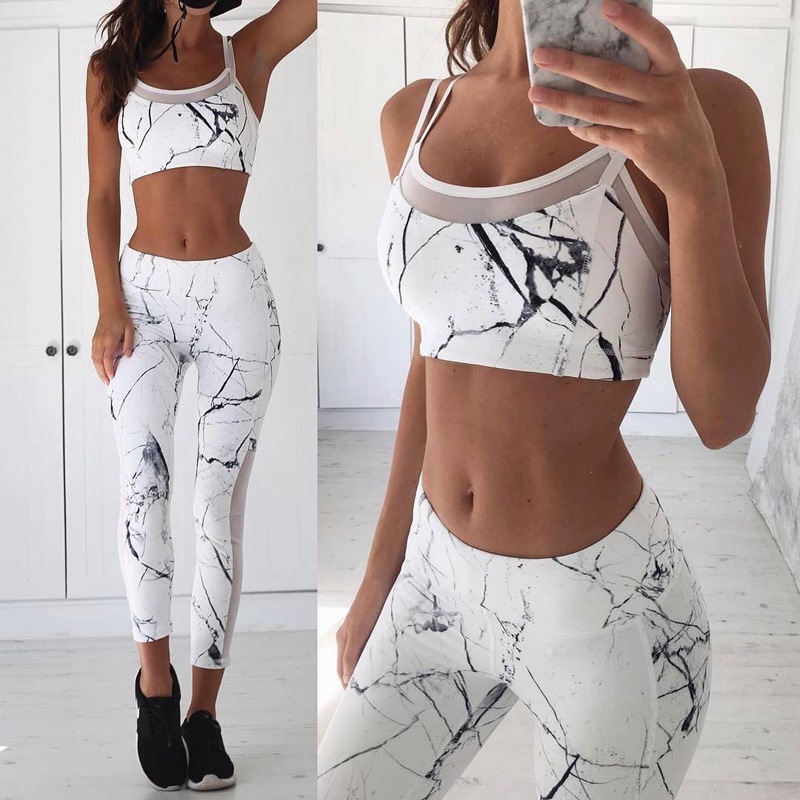 

Tracksuits Women Active Marbling Pattern Sexy Yoga Suits Womens Running Outfits Two Piece Pants Fitness Sweatsuits Wholesale, White