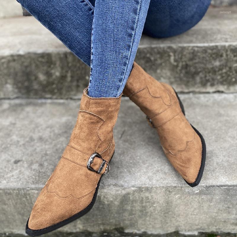 

2020 Women Ankle Boots Fashion Boots Autumn Winter Pointed Toe Zip Retro Exquisite Buckle Shoes Female Low Heels Plus Size 431, Black