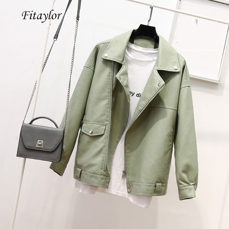 

Fitaylor Autumn Faux Soft Leather Pu Jacket Women Loose Punk Coat Female Turndown Collar Moto Biker Rivet Zipper Street Overcoat 210201, Beige