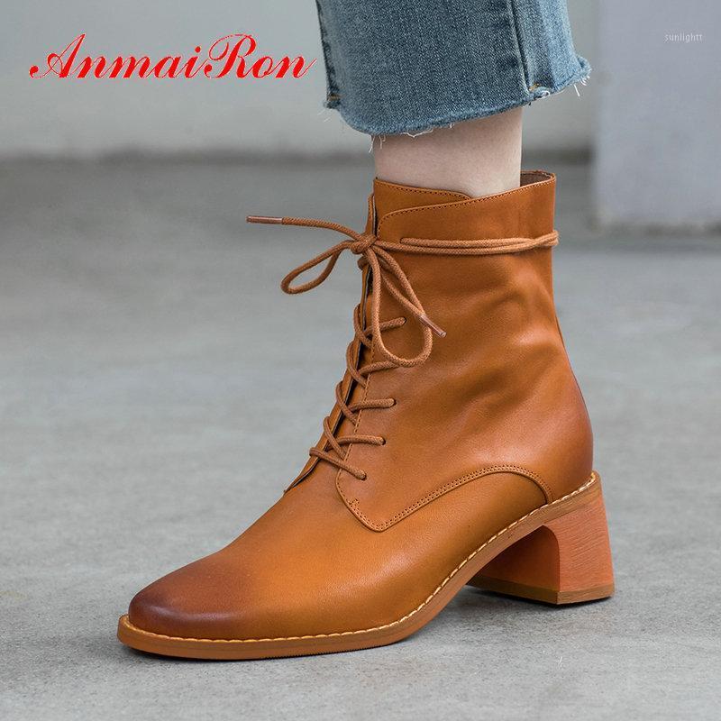 

ANMAIRON 2020 Women Winter Shoes Lace-Up Genuine Leather Motorcycle Boots Square Heel Boots Round Toe Short Plush Ankle1, Black
